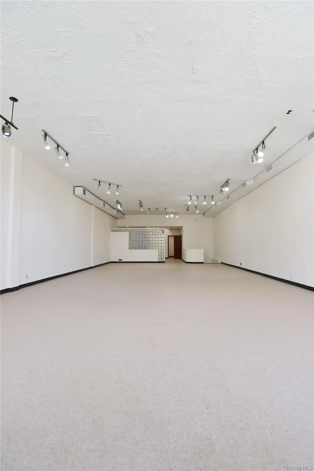 Expansive open-concept room with light-colored flooring, white walls, and track lighting fixtures Expansive open-concept room with light-colored flooring, white walls, and track lighting fixtures