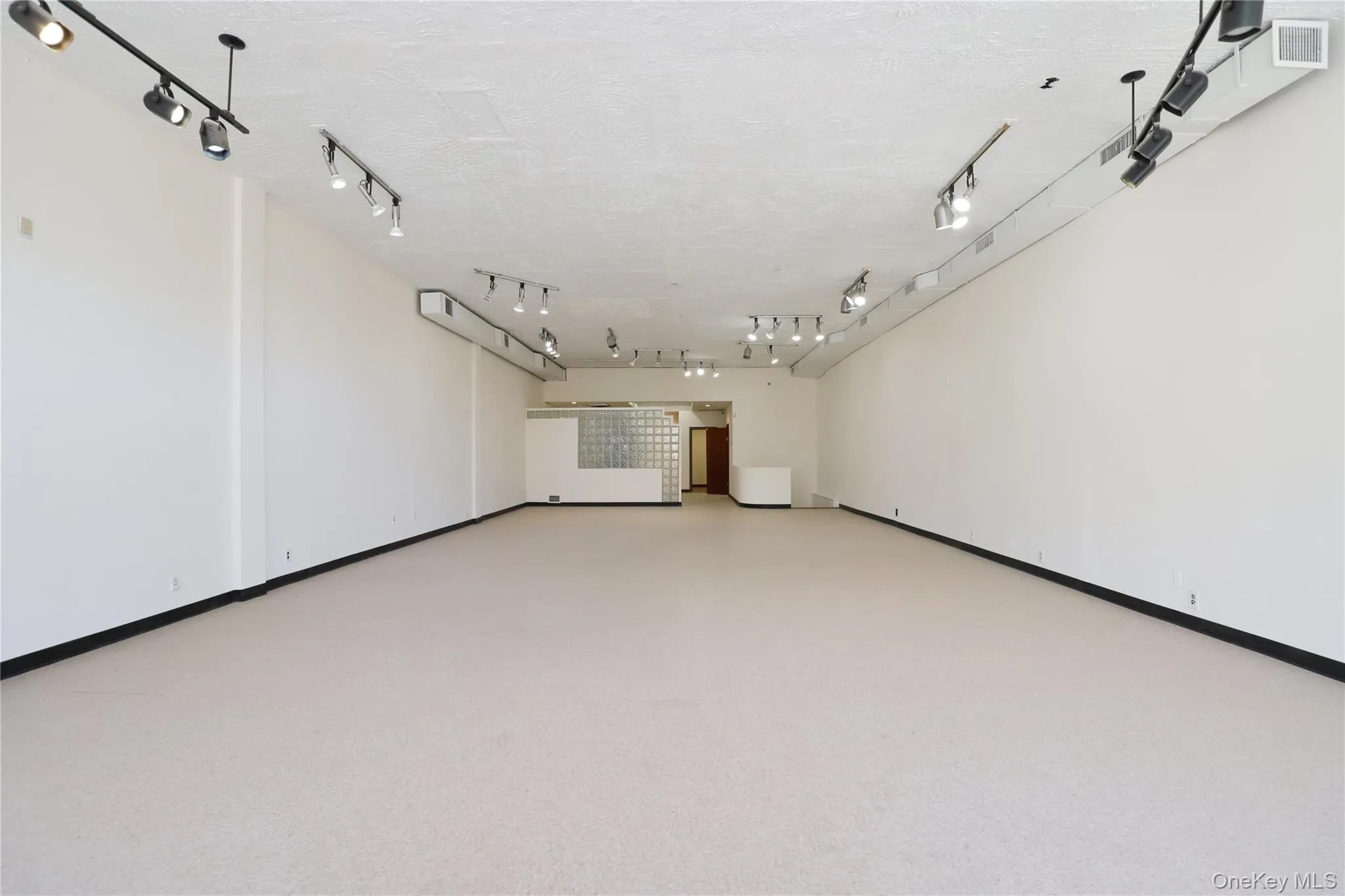 Expansive open-concept room with light-colored flooring, white walls, and track lighting fixtures Expansive open-concept room with light-colored flooring, white walls, and track lighting fixtures