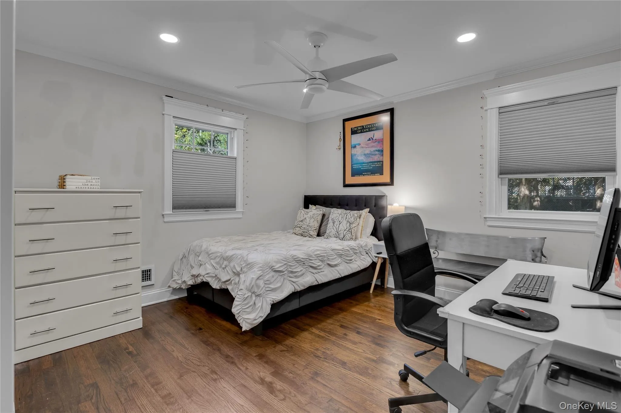 Recessed lighting, wood-finish flooring, ceiling fan, and crown molding Recessed lighting, wood-finish flooring, ceiling fan, and crown molding