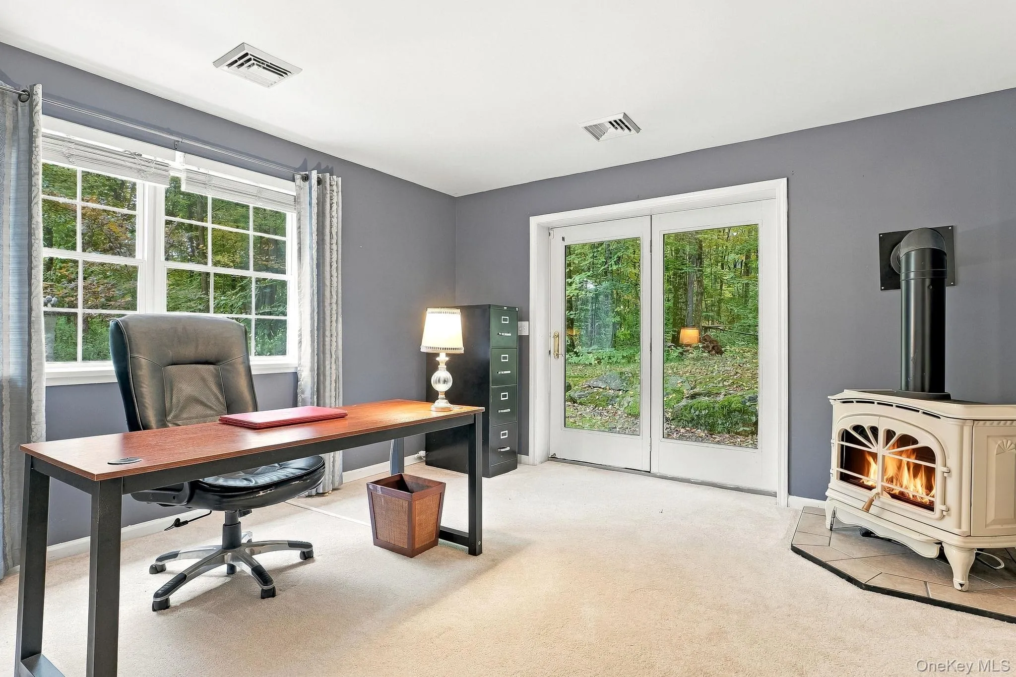 Soft carpeting with a corner-set propane stove on a tile hearth Soft carpeting with a corner-set propane stove on a tile hearth
