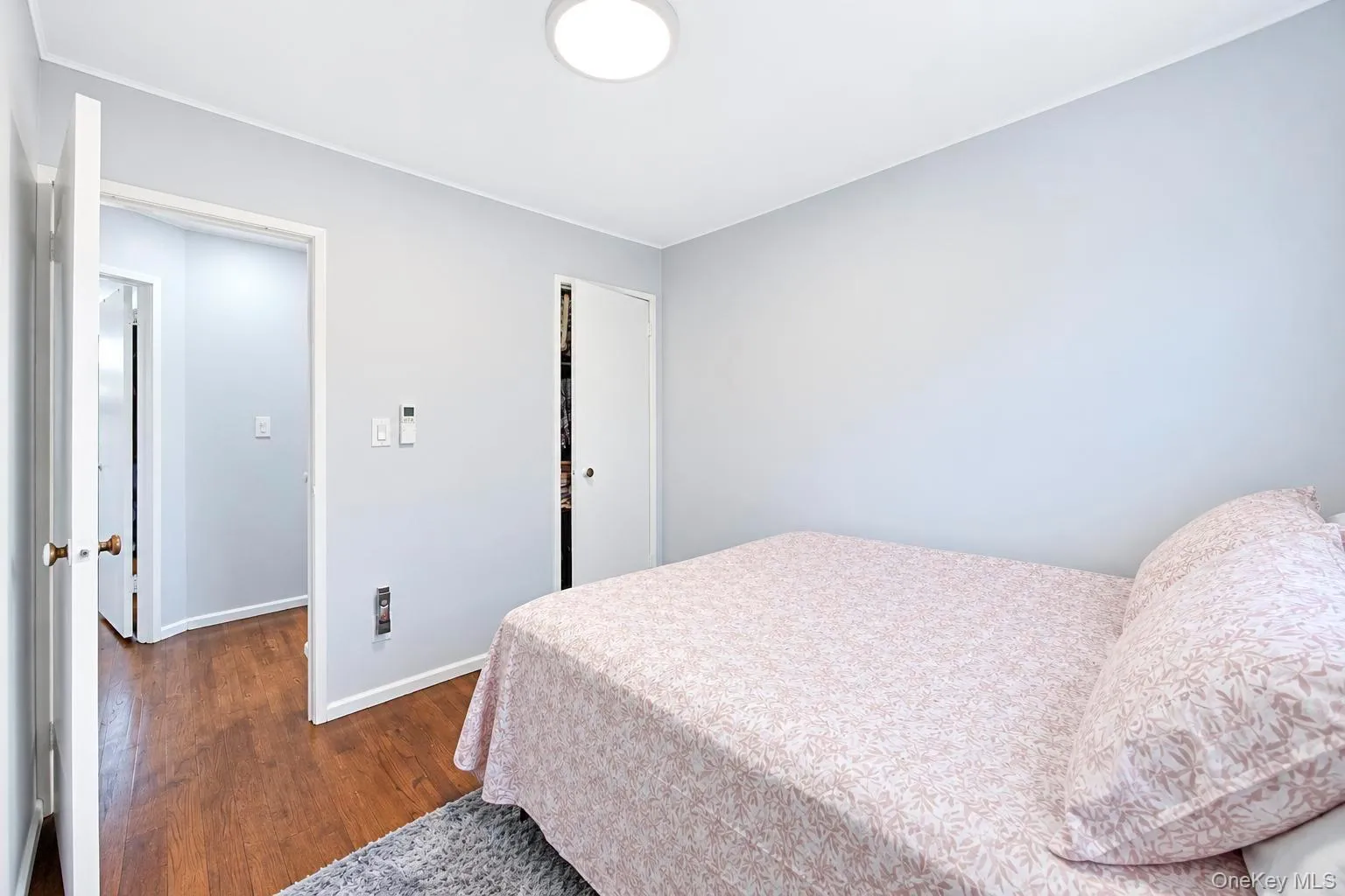 Light gray wall finish and wood-finish flooring Light gray wall finish and wood-finish flooring