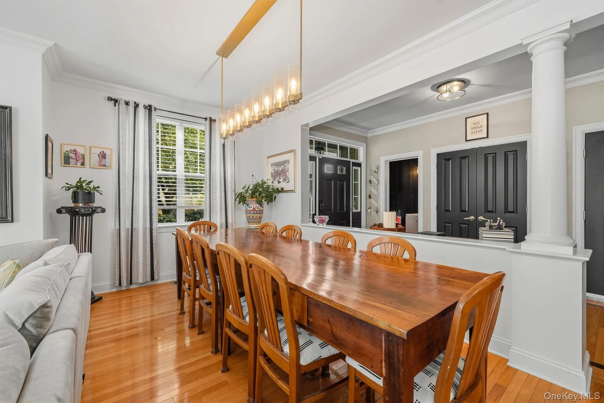 The dining area can sit all your dinner guest comfortably. Yes the lighting fixtures stay. The dining area can sit all your dinner guest comfortably. Yes the lighting fixtures stay.