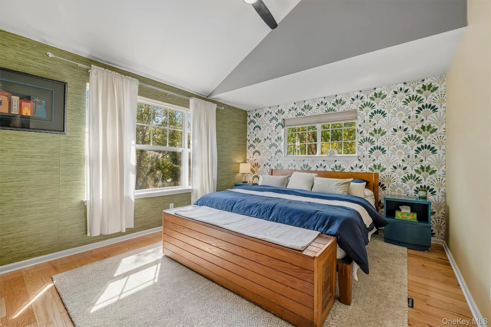 The primary suite has high angled ceilings. The primary suite has high angled ceilings.