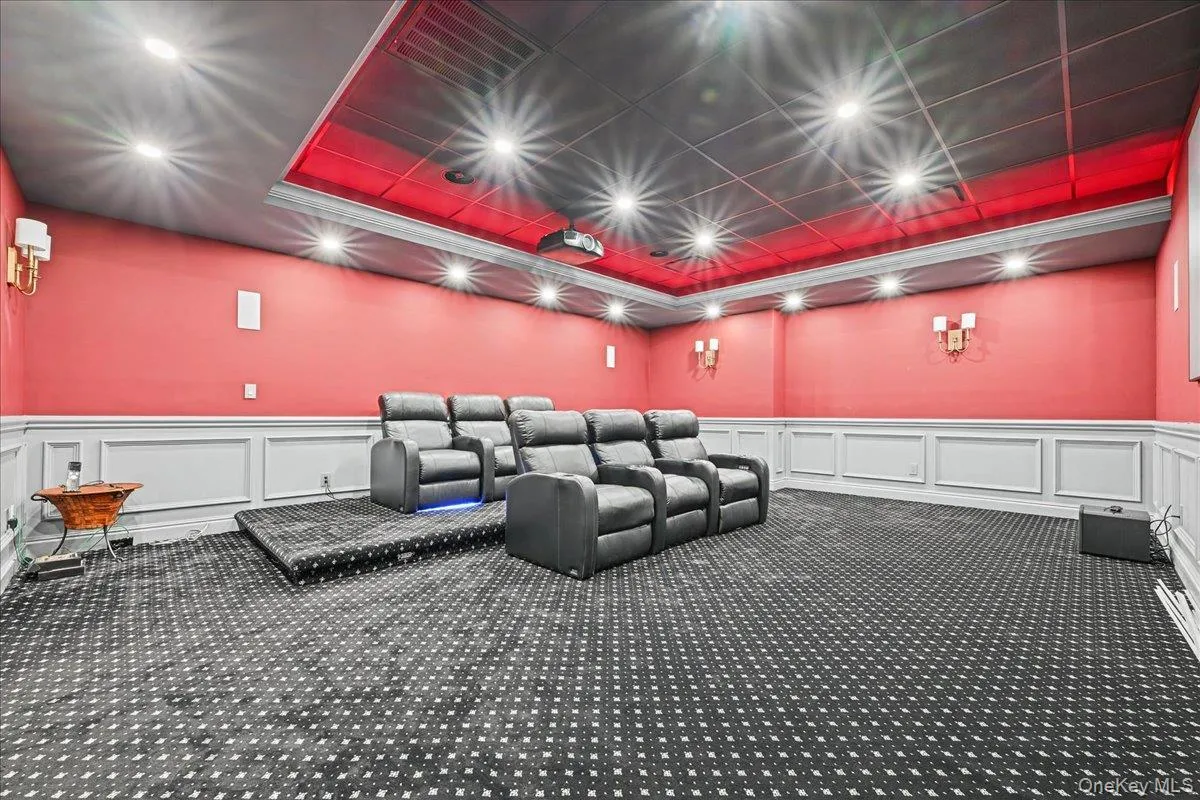 Dedicated media room featuring patterned wall-to-wall carpeting, wainscoting, and recessed lighting Dedicated media room featuring patterned wall-to-wall carpeting, wainscoting, and recessed lighting