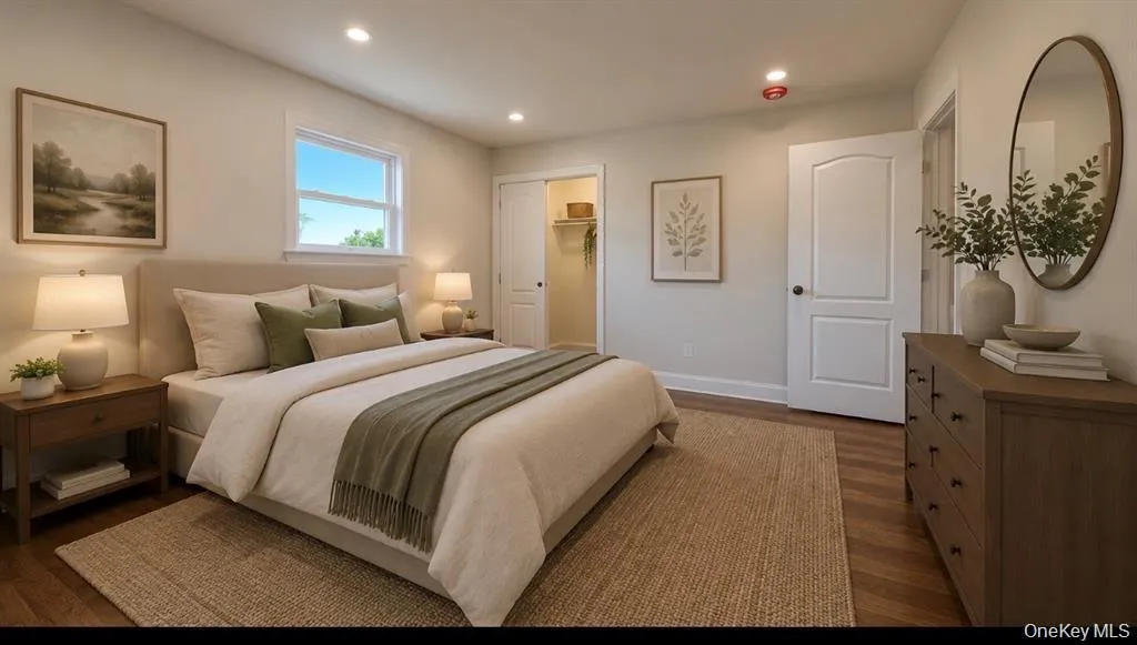 Wood-finish flooring, recessed lighting, and a window for natural illumination Digitally staged Wood-finish flooring, recessed lighting, and a window for natural illumination Digitally staged