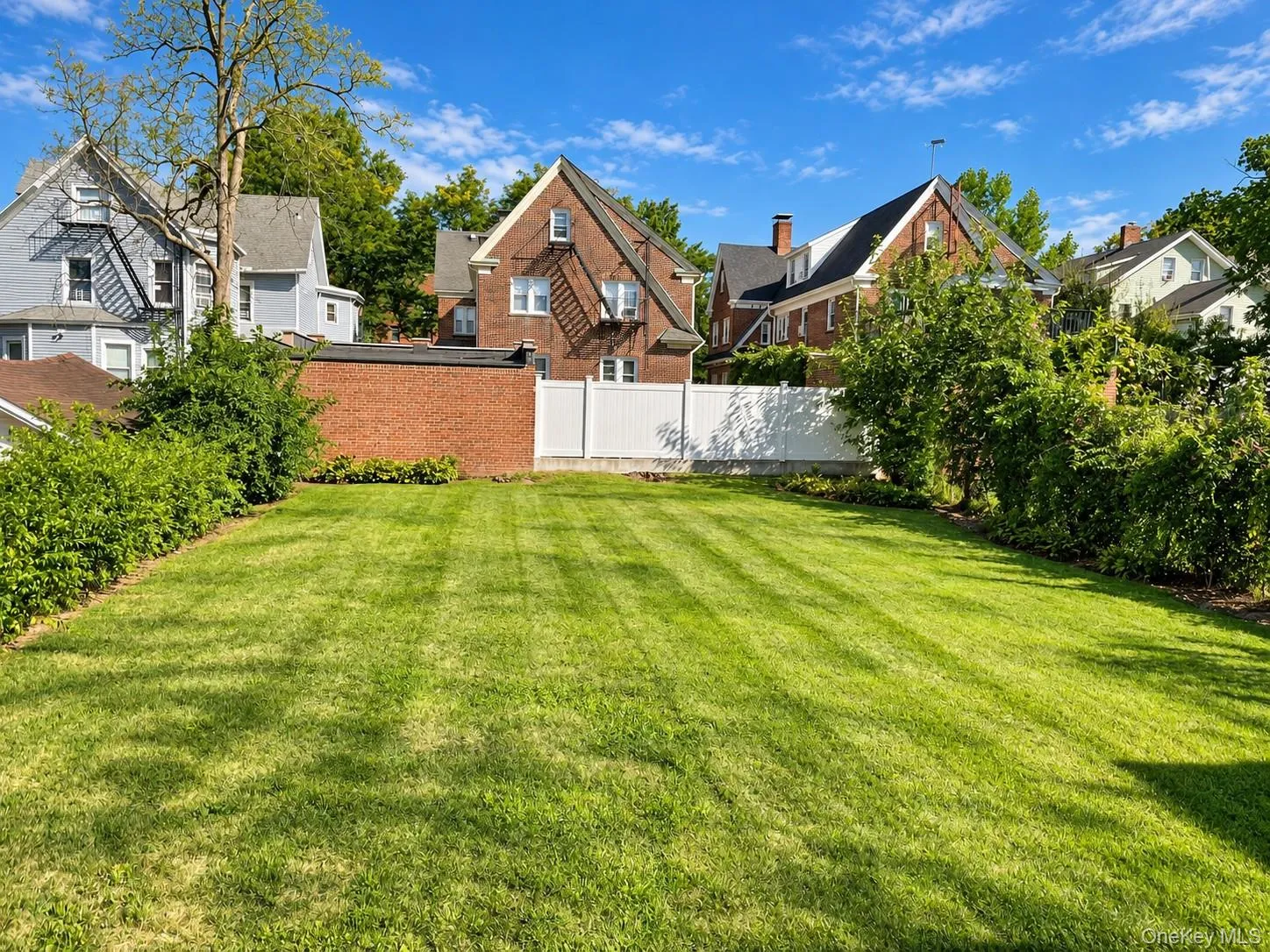 Expansive green lawn with established perimeter hedging and a white privacy fence Expansive green lawn with established perimeter hedging and a white privacy fence