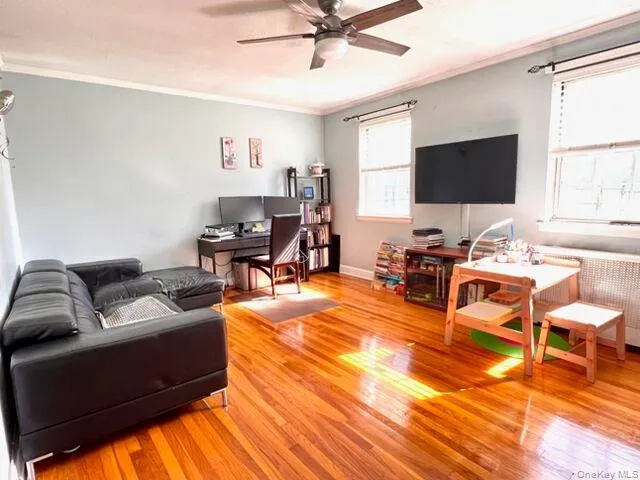 Hardwood flooring, crown molding, double windows, ceiling fan, and light blue wall color Hardwood flooring, crown molding, double windows, ceiling fan, and light blue wall color
