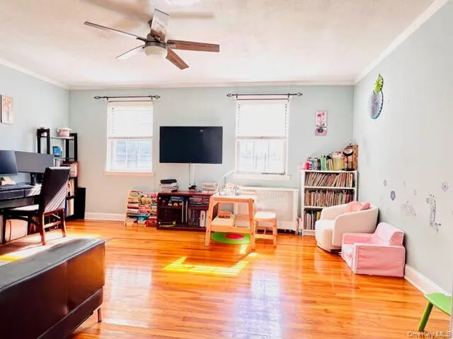 Hardwood flooring, light blue wall paint, ceiling fan, crown molding, and two windows with blinds Hardwood flooring, light blue wall paint, ceiling fan, crown molding, and two windows with blinds