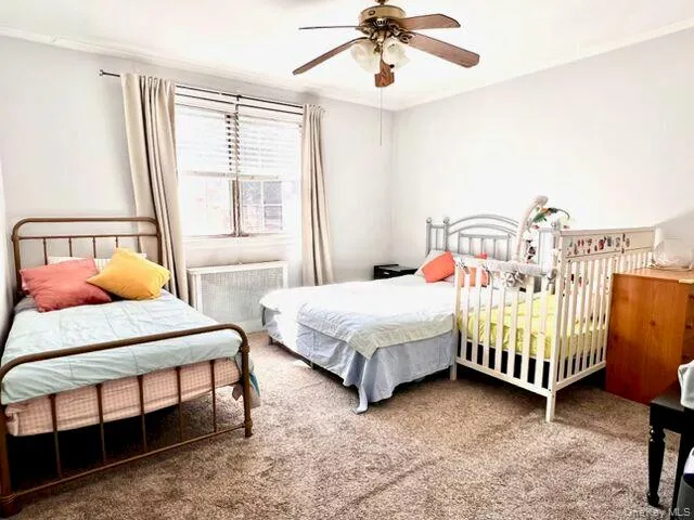 Wall-to-wall carpeting, window with blinds and drapes, and a ceiling fan with light fixture Wall-to-wall carpeting, window with blinds and drapes, and a ceiling fan with light fixture