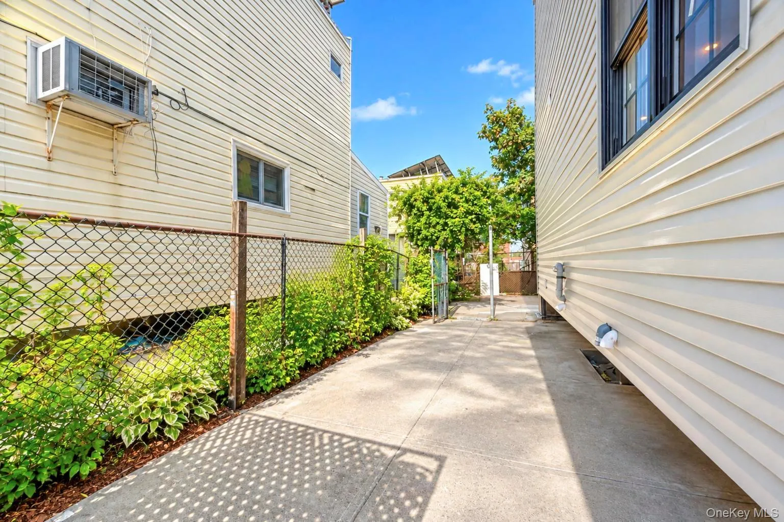 Concrete walkway with chain-link fencing, bordered by established greenery Concrete walkway with chain-link fencing, bordered by established greenery
