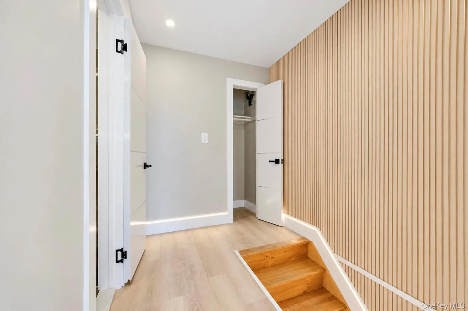 Wood-finished flooring, recessed lighting, slat-paneled accent wall, built-in closet with shelving, and contemporary doors with black hardware Wood-finished flooring, recessed lighting, slat-paneled accent wall, built-in closet with shelving, and contemporary doors with black hardware