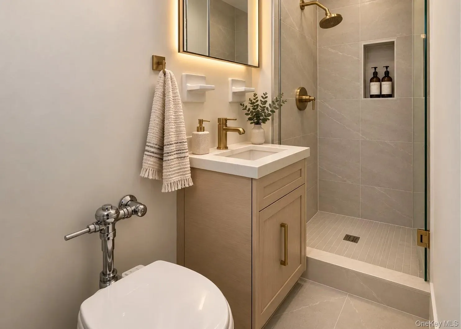 Virtually staged primary bathroom Virtually staged primary bathroom