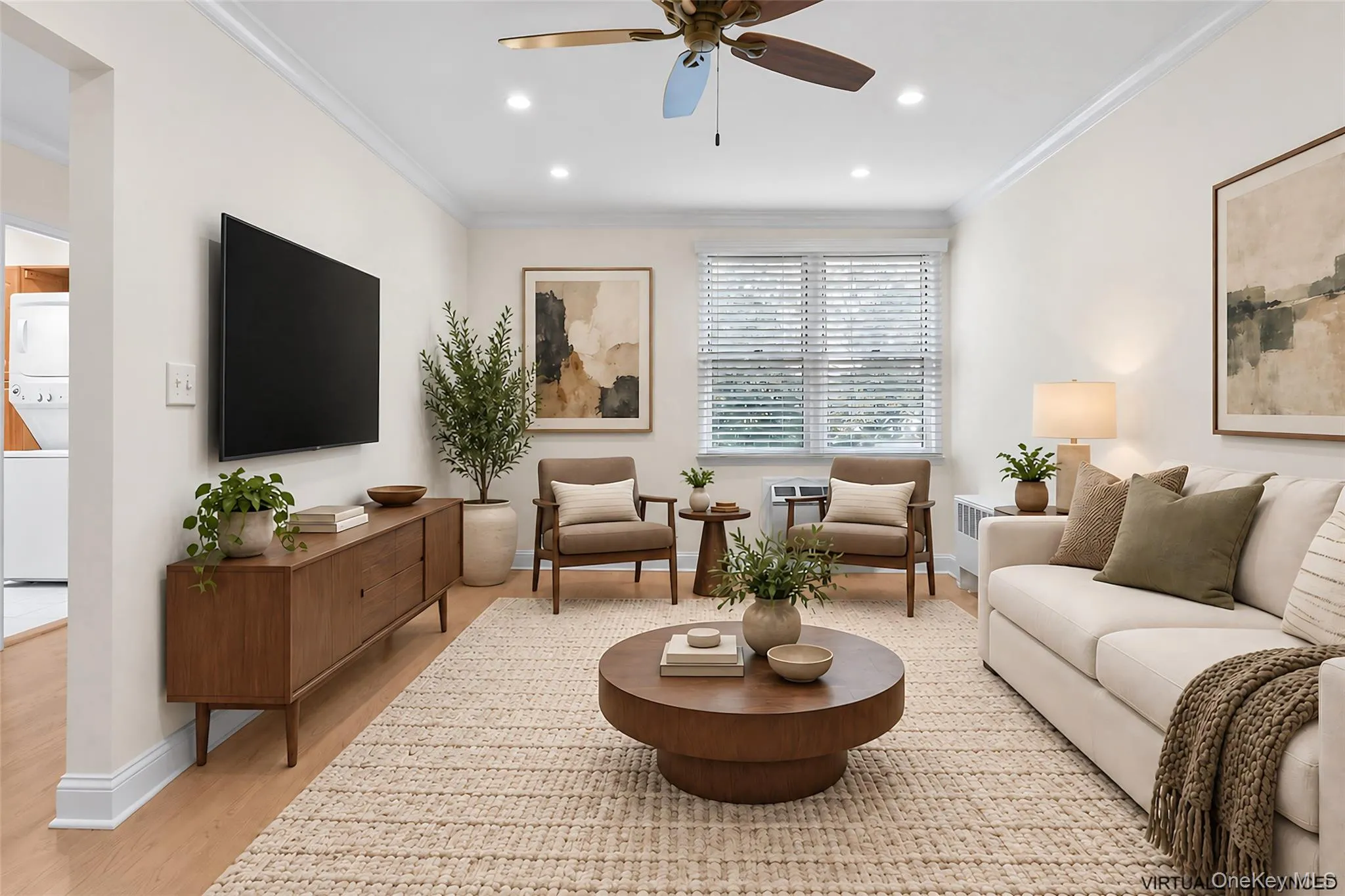 Virtually Staged: Oversized living room with recessed lights and fan. Virtually Staged: Oversized living room with recessed lights and fan.