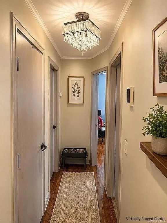 Hallway featuring wood-finish flooring, a tiered crystal flush-mount light fixture, and crown molding Hallway featuring wood-finish flooring, a tiered crystal flush-mount light fixture, and crown molding