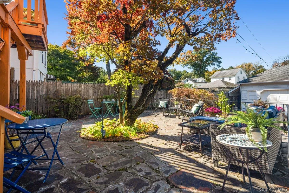 The oversized flagstone patio surrounds the Japanese maple and is the perfect spot for outdoor entertaining. The oversized flagstone patio surrounds the Japanese maple and is the perfect spot for outdoor entertaining.