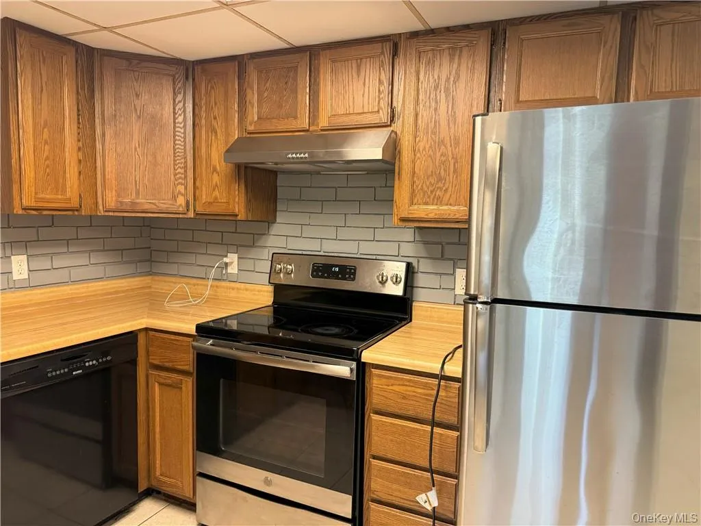Kitchen featuring appliances with stainless steel finishes, tasteful backsplash, and a paneled ceiling Kitchen featuring appliances with stainless steel finishes, tasteful backsplash, and a paneled ceiling