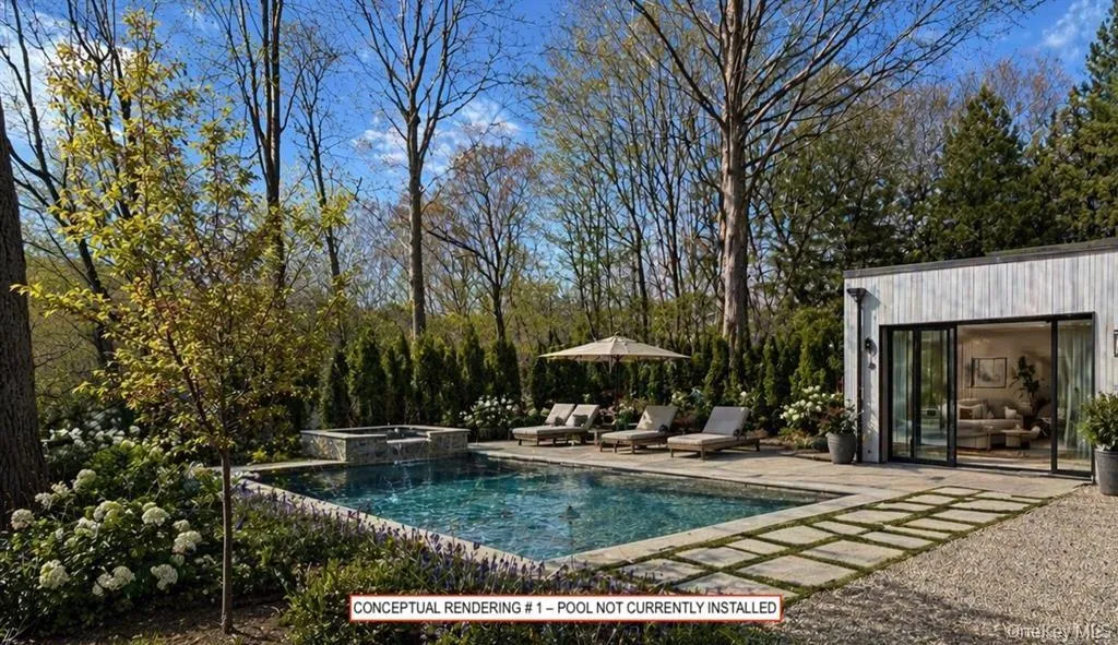 Conceptual rendering illustrating a potential pool utilizing a portion of the existing heated six-car garage as a future pool house. Pool not currently installed. Subject to approvals and buyer verification. Conceptual rendering illustrating a potential pool utilizing a portion of the existing heated six-car garage as a future pool house. Pool not currently installed. Subject to approvals and buyer verification.