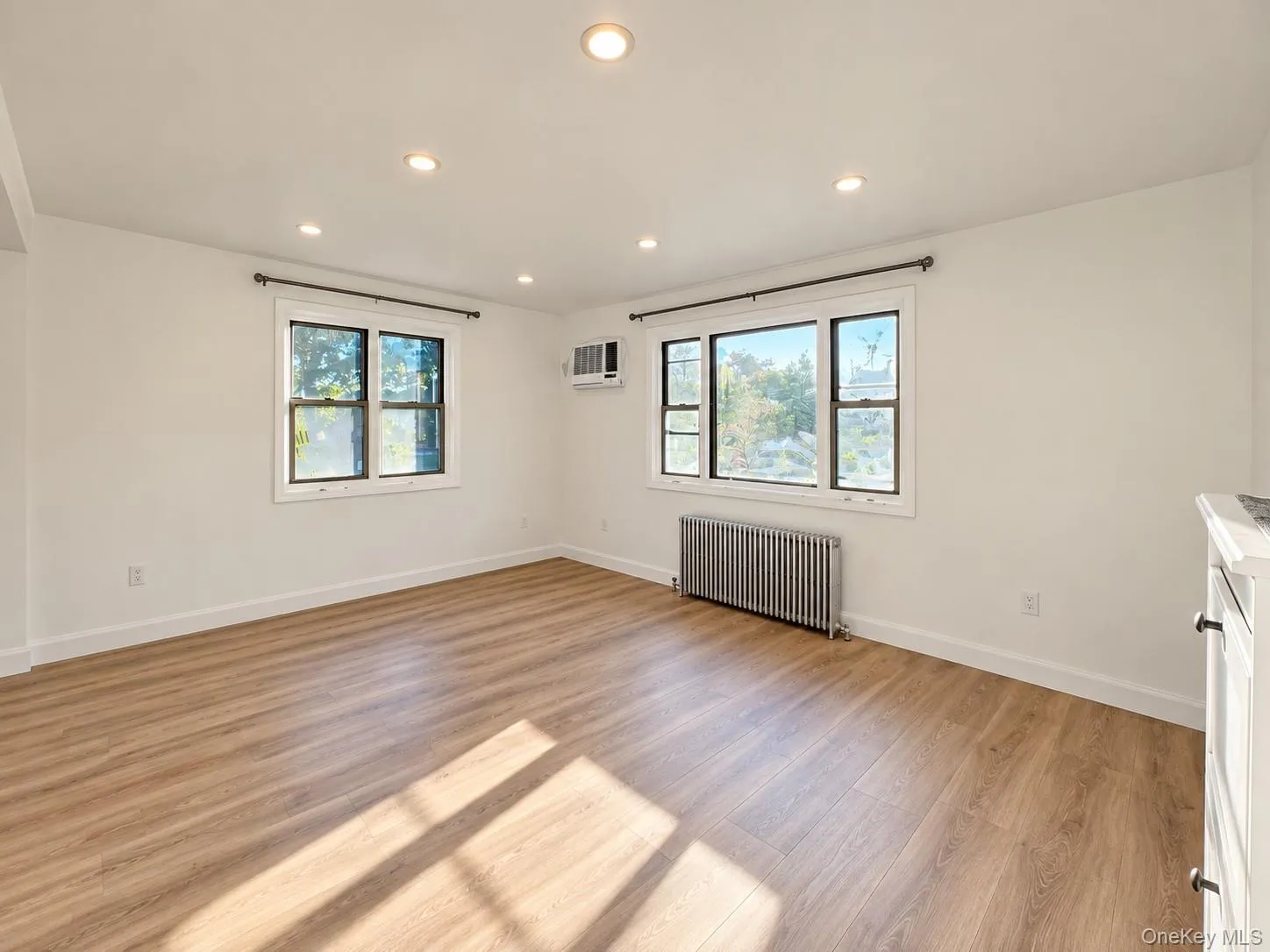 Interior room featuring wood-finish flooring, recessed lighting, multi-pane windows, and a metallic radiator Interior room featuring wood-finish flooring, recessed lighting, multi-pane windows, and a metallic radiator