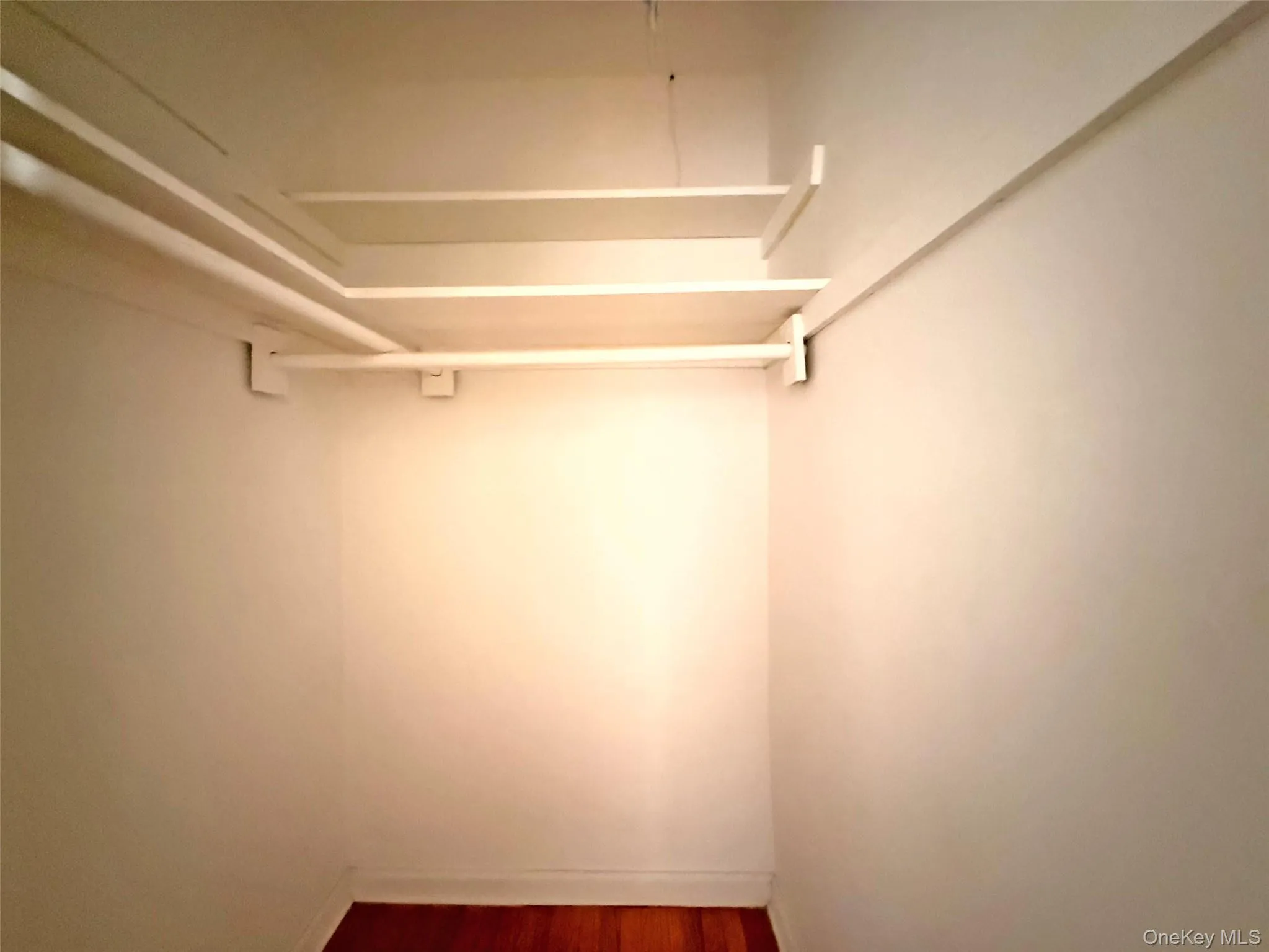 Storage closet featuring wood-finish flooring, white-painted interior walls, dual-level hanging rods, and integrated shelving Storage closet featuring wood-finish flooring, white-painted interior walls, dual-level hanging rods, and integrated shelving