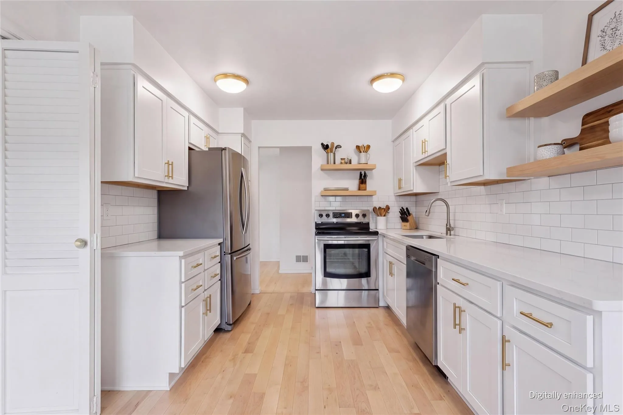 Kitchen Virtually Renovated: added new flooring, cabinets, floating shelves, countertops and backsplash Kitchen Virtually Renovated: added new flooring, cabinets, floating shelves, countertops and backsplash