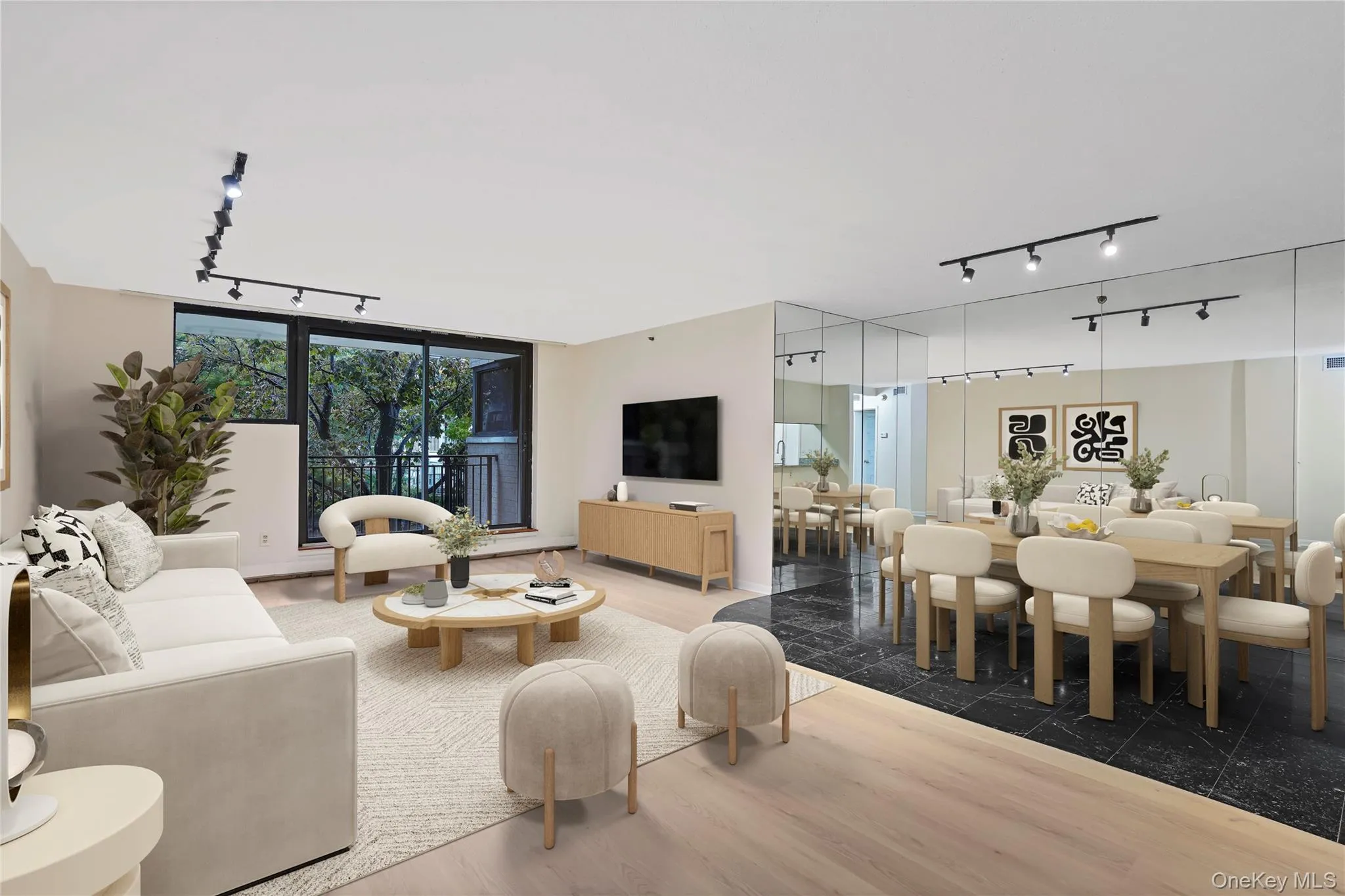 Living room, dining room with sliding glass door to terrace. Virtually staged Living room, dining room with sliding glass door to terrace. Virtually staged
