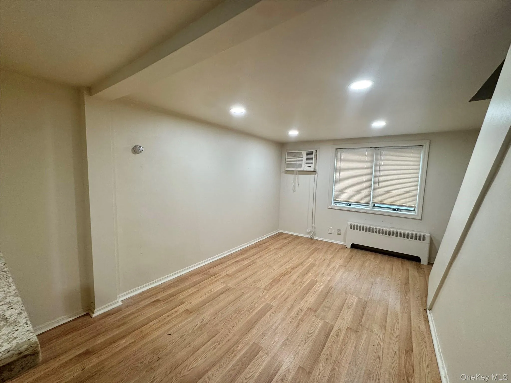 Interior space featuring wood-finish flooring, recessed lighting, a built-in radiator cover, and a wall-mounted air conditioning unit Interior space featuring wood-finish flooring, recessed lighting, a built-in radiator cover, and a wall-mounted air conditioning unit