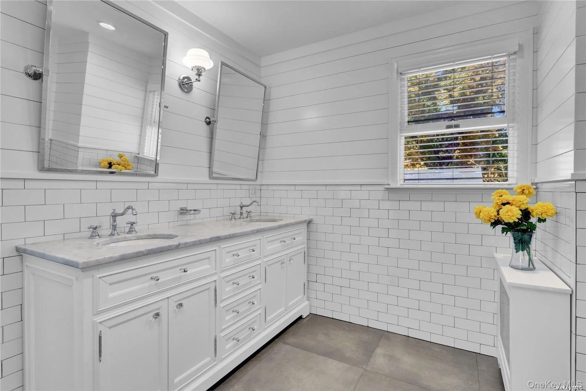 Upstairs Brand new bath with double white vanity, mirrors, farmhouse Upstairs Brand new bath with double white vanity, mirrors, farmhouse