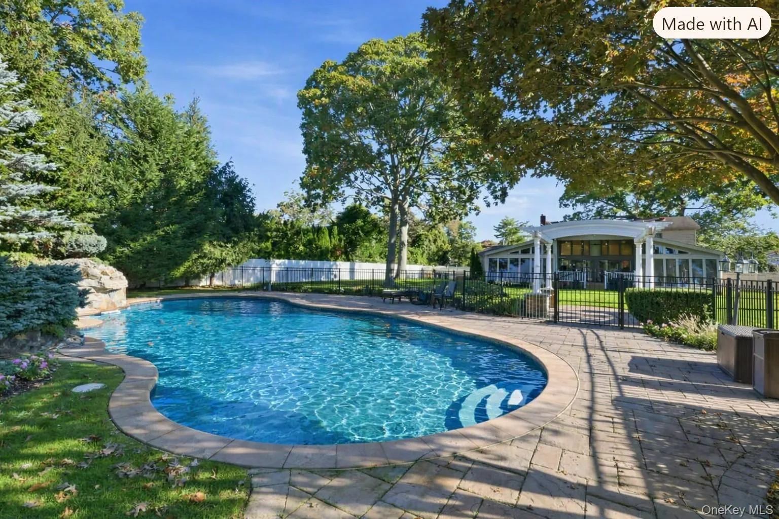 In-ground pool with stone coping, stone-paver pool deck, wrought iron fencing, and white architectural pergola (covered pool uncovered with ai) In-ground pool with stone coping, stone-paver pool deck, wrought iron fencing, and white architectural pergola (covered pool uncovered with ai)
