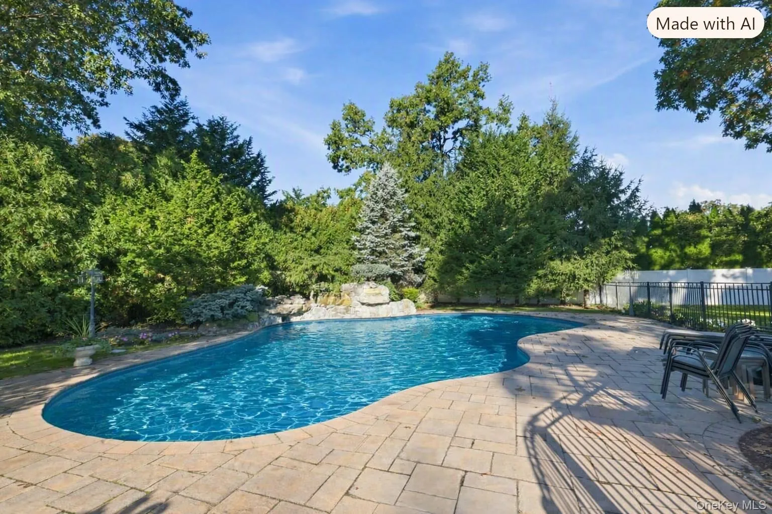 Free-form swimming pool featuring a rock waterfall feature and expansive stone paver decking, surrounded by mature trees and perimeter fencing (covered pool uncovered with ai) Free-form swimming pool featuring a rock waterfall feature and expansive stone paver decking, surrounded by mature trees and perimeter fencing (covered pool uncovered with ai)