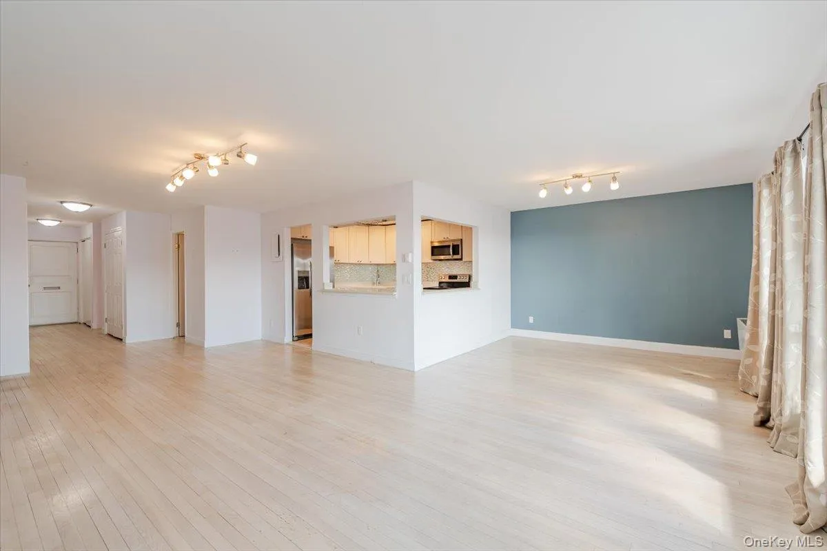 Unfurnished living room featuring track lighting, light wood finished floors, and baseboards Unfurnished living room featuring track lighting, light wood finished floors, and baseboards