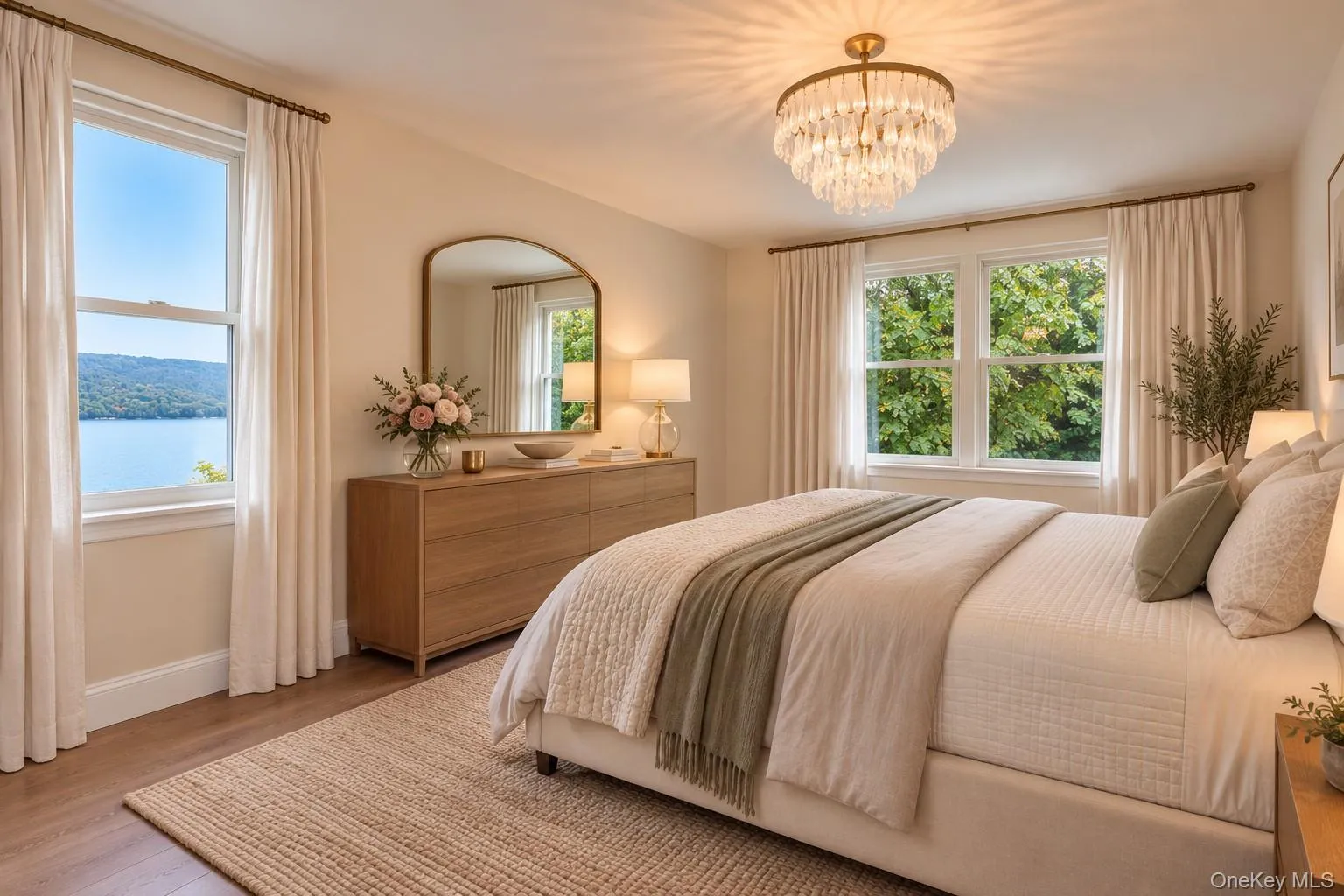 Virtually staged primary bedroom with river views Virtually staged primary bedroom with river views