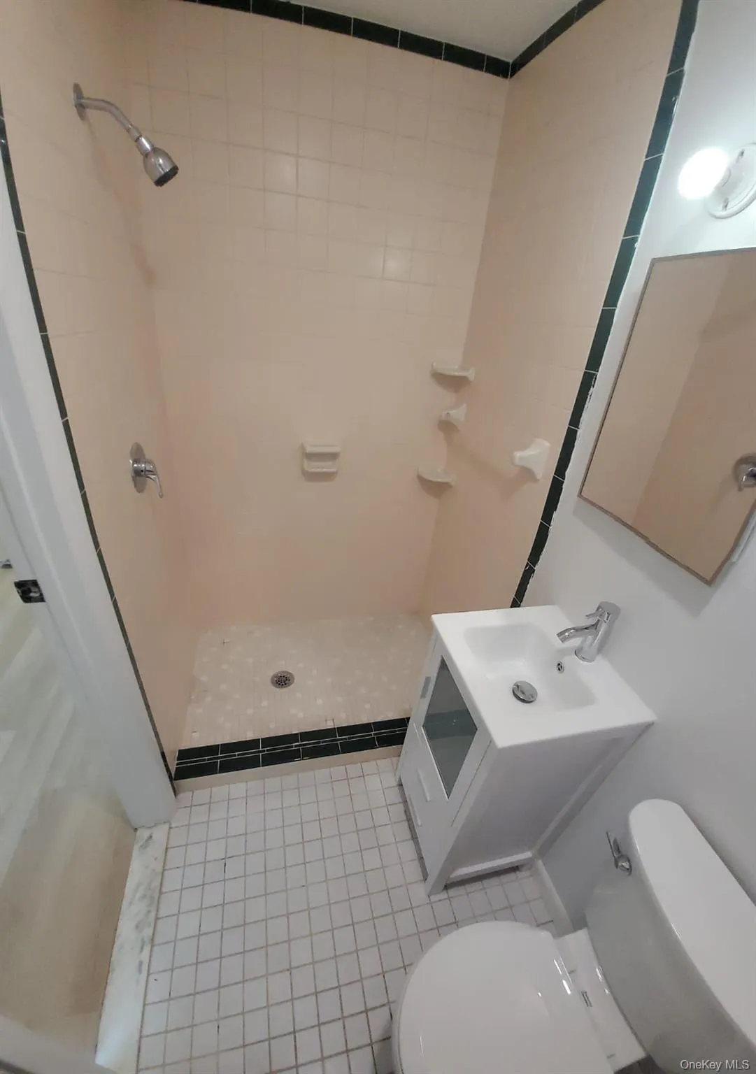 Bathroom with tile patterned floors, toilet, vanity, and tiled shower Bathroom with tile patterned floors, toilet, vanity, and tiled shower