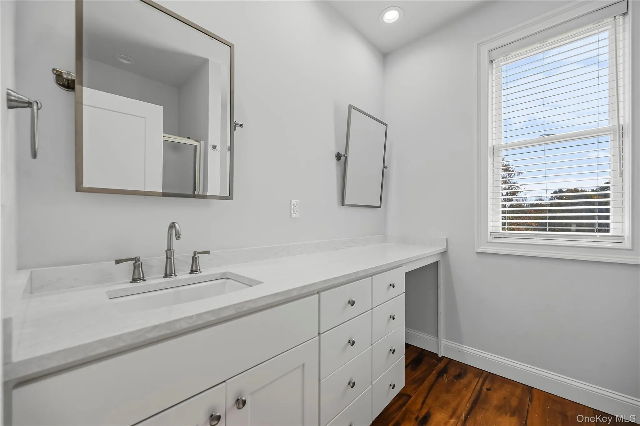 Extended vanity featuring a stone countertop, under-mount sink, white cabinetry with pull-out drawers, recessed lighting, and wood-finish flooring Extended vanity featuring a stone countertop, under-mount sink, white cabinetry with pull-out drawers, recessed lighting, and wood-finish flooring