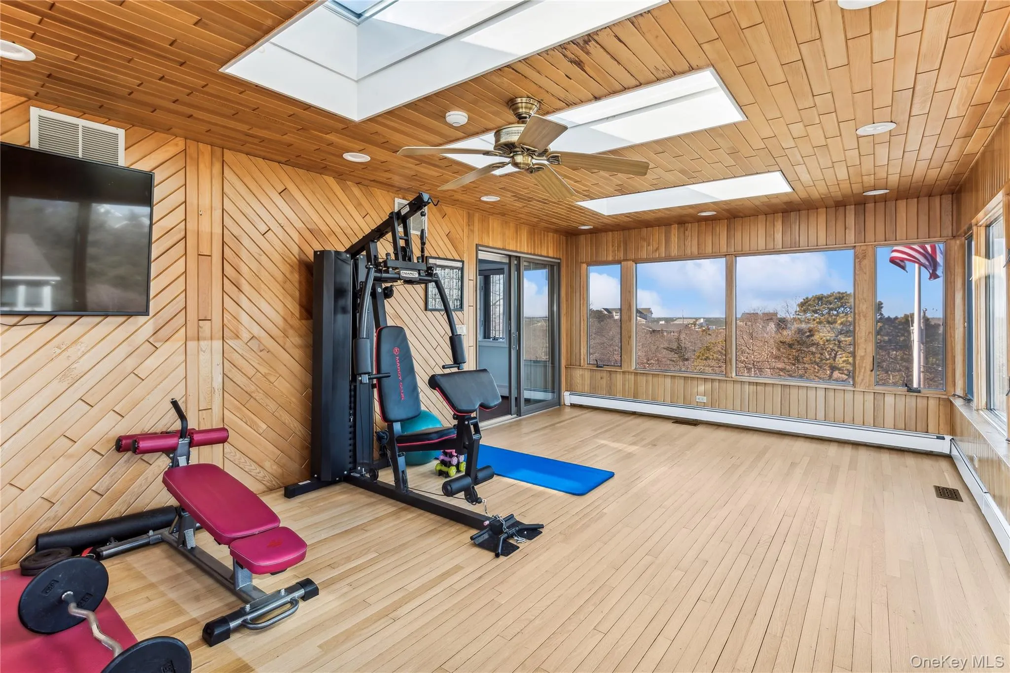 Exercise room featuring a baseboard radiator, a skylight, and light hardwood / wood-style floors Exercise room featuring a baseboard radiator, a skylight, and light hardwood / wood-style floors
