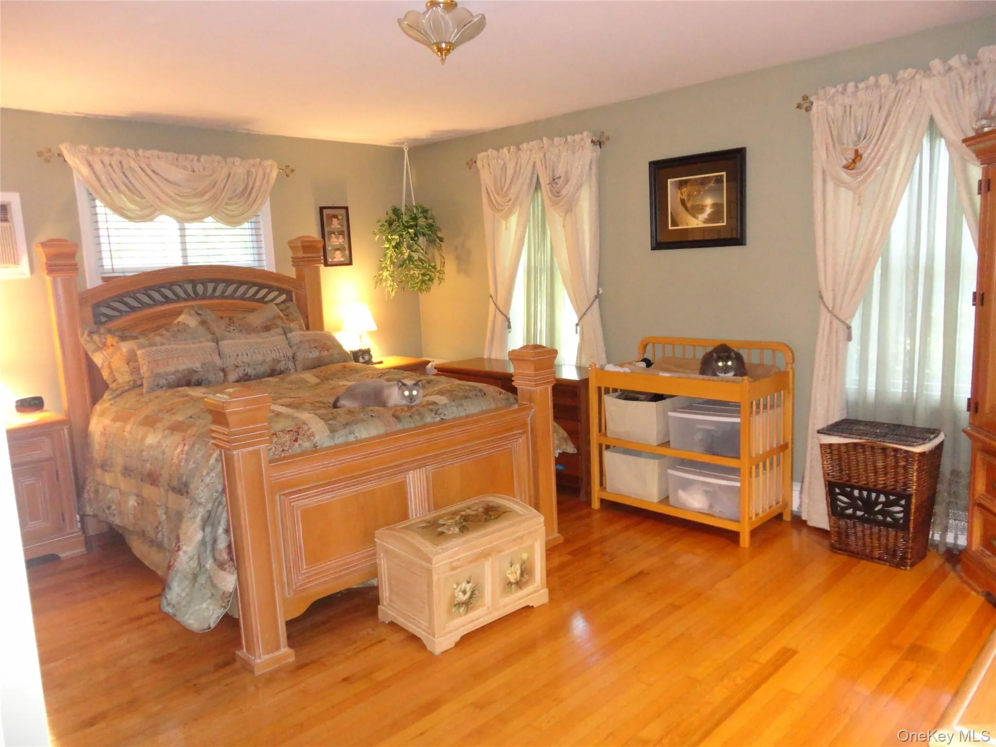 Spacious bedroom featuring light-toned wood-finish flooring, dual windows with decorative valances, and a centered flush-mount ceiling light fixture Spacious bedroom featuring light-toned wood-finish flooring, dual windows with decorative valances, and a centered flush-mount ceiling light fixture