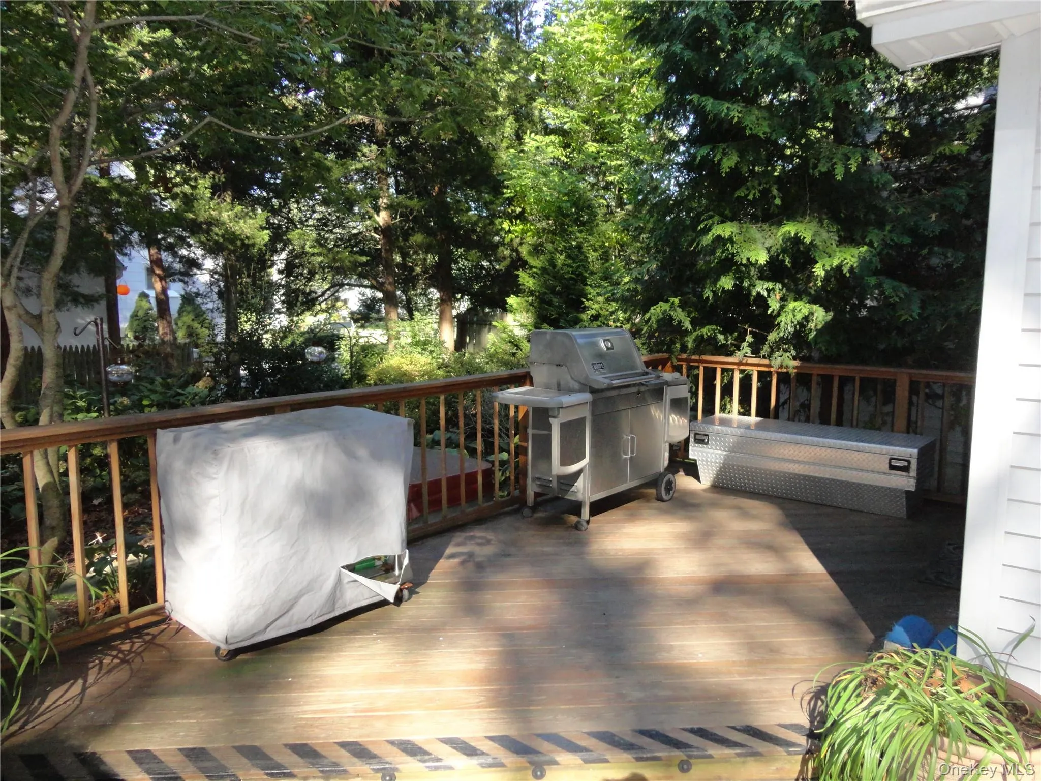 Raised wooden deck featuring horizontal railings and perimeter tree screening Raised wooden deck featuring horizontal railings and perimeter tree screening