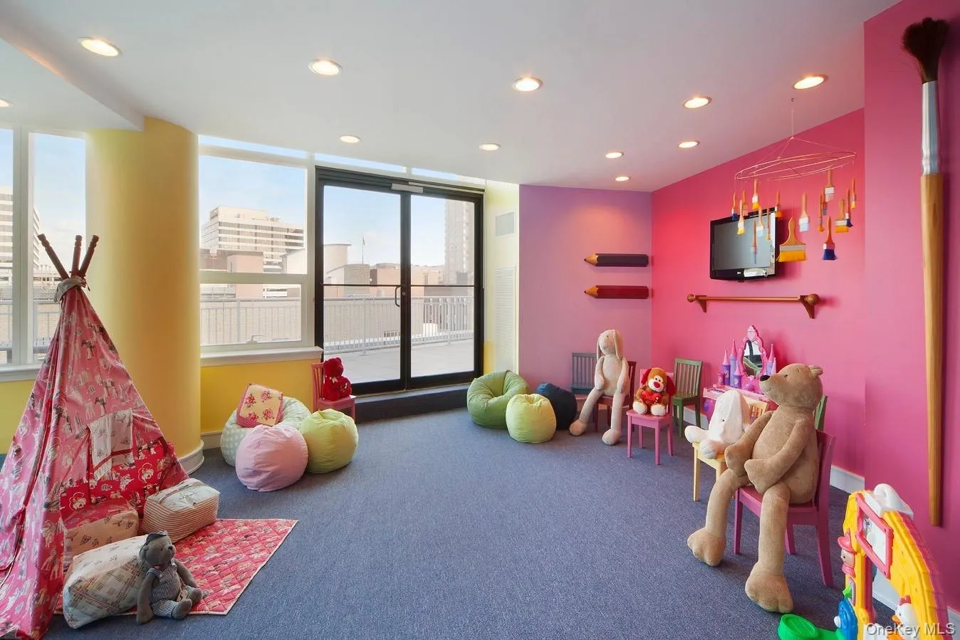 Game room with recessed lighting, carpet, and baseboards Game room with recessed lighting, carpet, and baseboards