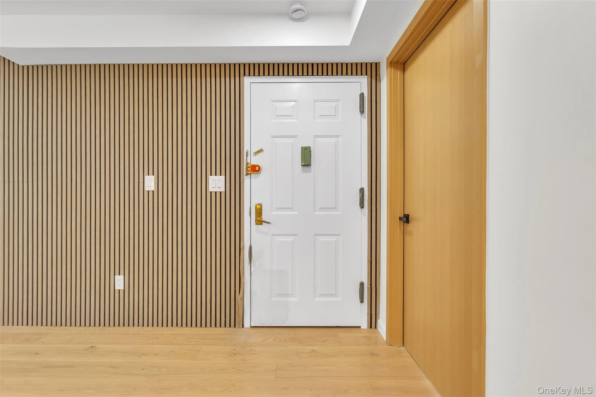 Vertical wood-slat wall paneling, white six-panel entry door with brass-finish hardware, wood-finish flooring, and solid-core interior door with matching trim Vertical wood-slat wall paneling, white six-panel entry door with brass-finish hardware, wood-finish flooring, and solid-core interior door with matching trim