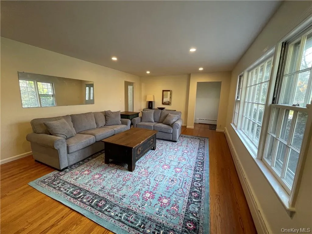 Living room with hardwood / wood-style floors and a baseboard radiator Living room with hardwood / wood-style floors and a baseboard radiator