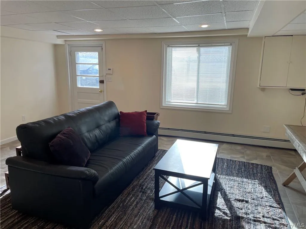 Living room with a baseboard heating unit and a drop ceiling Living room with a baseboard heating unit and a drop ceiling