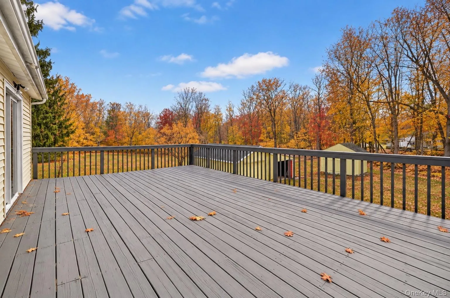 Deck off of kitchen providing beautiful views overlooking the tree line.*This photo has been seasonally digitally enhanced. Property features remain unchanged. Deck off of kitchen providing beautiful views overlooking the tree line.*This photo has been seasonally digitally enhanced. Property features remain unchanged.