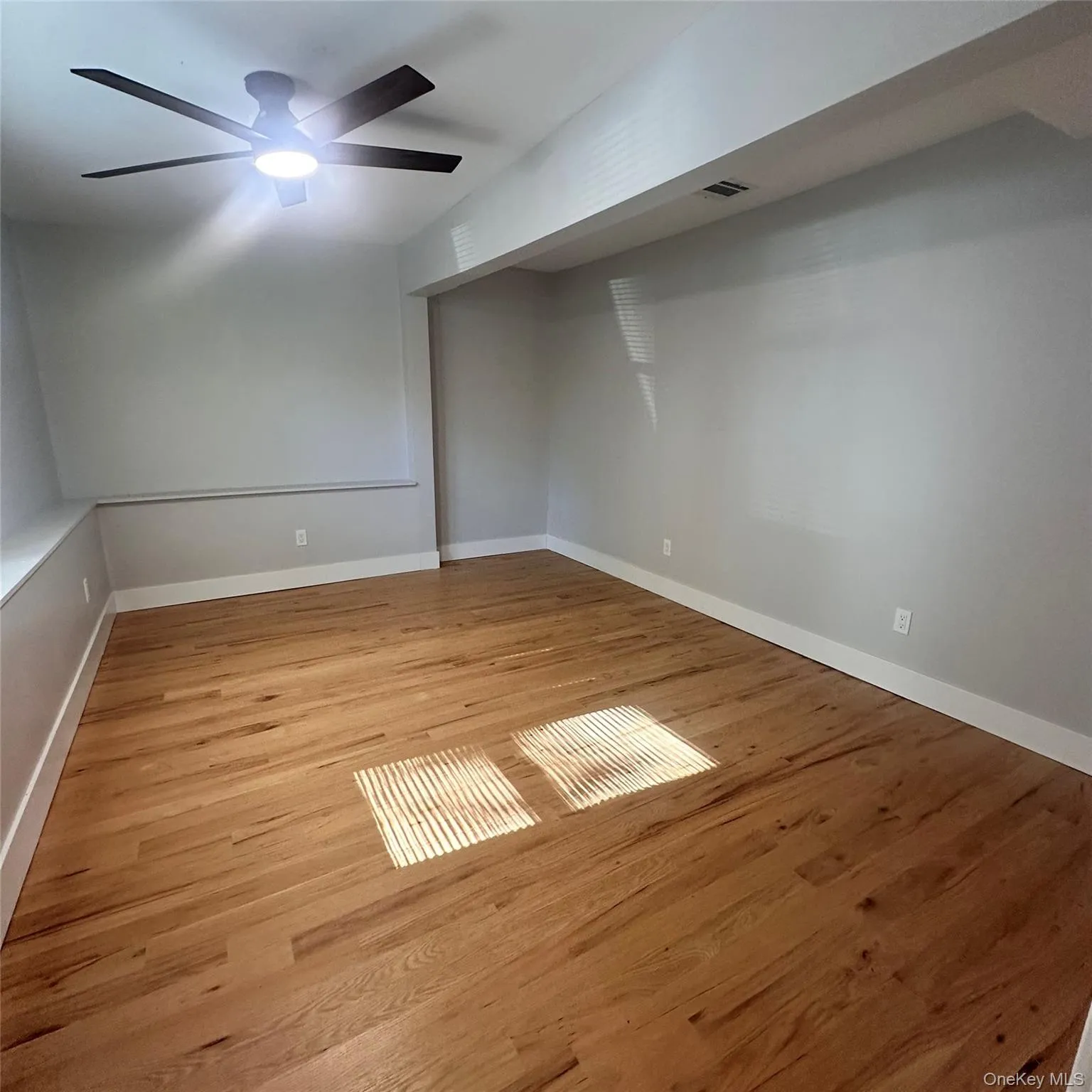 Hard wood flooring, ceiling fan with light. Hard wood flooring, ceiling fan with light.