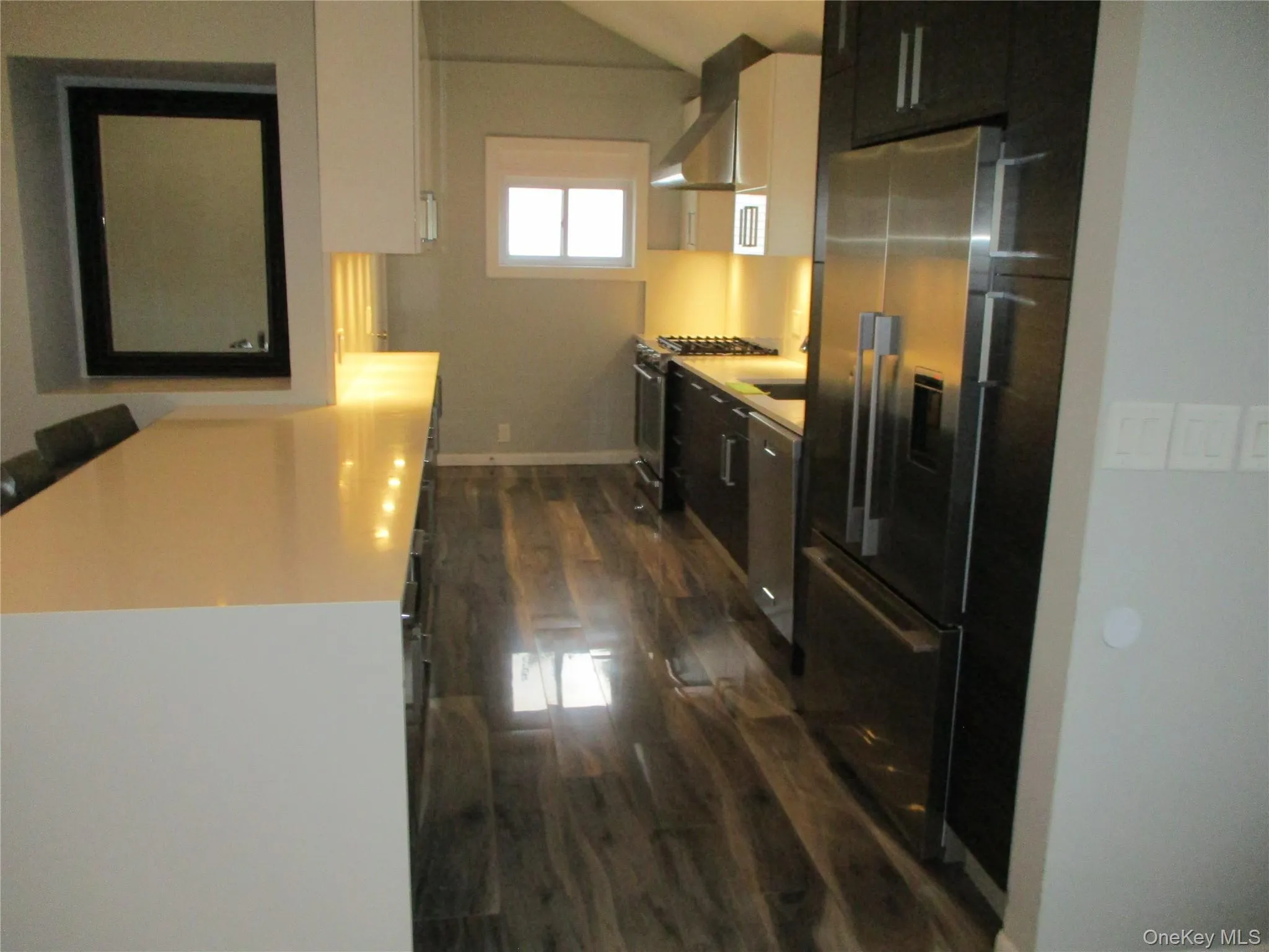 Kitchen featuring dark wood-style floors, dark cabinetry, appliances with stainless steel finishes, and extractor fan Kitchen featuring dark wood-style floors, dark cabinetry, appliances with stainless steel finishes, and extractor fan