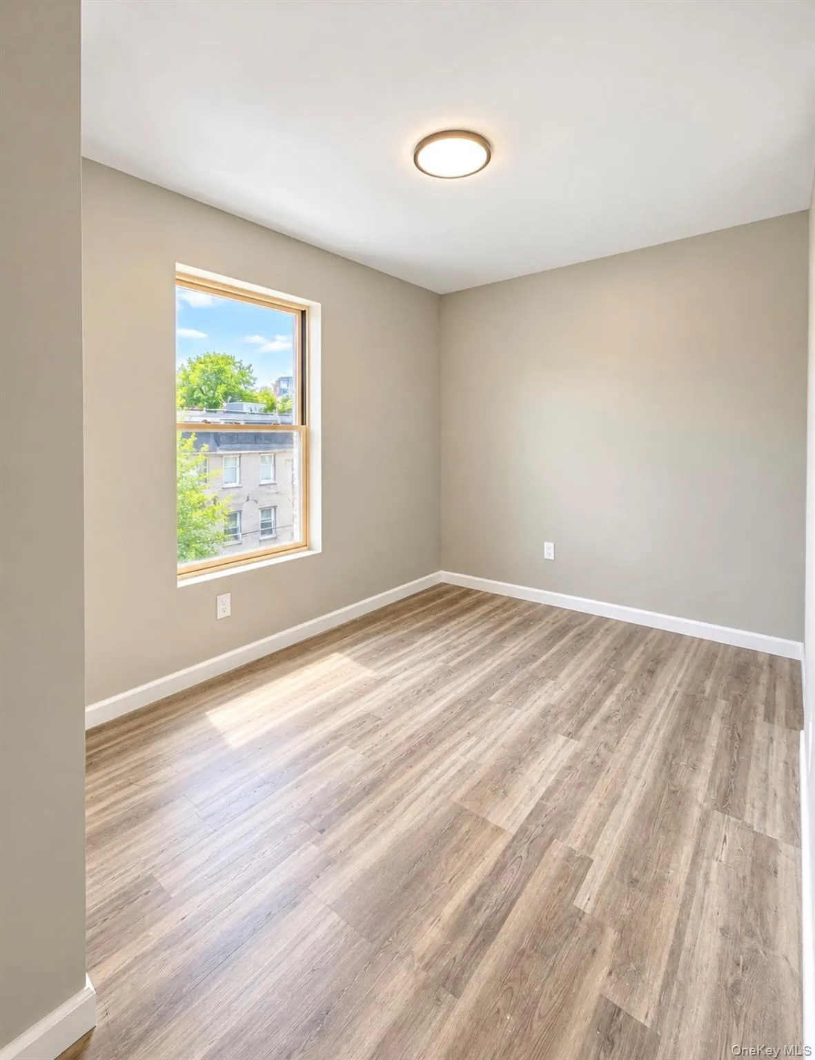 Neutral-toned room featuring LVP-finish flooring, a single-hung window with a light wood frame, and a flush-mount ceiling light fixture Neutral-toned room featuring LVP-finish flooring, a single-hung window with a light wood frame, and a flush-mount ceiling light fixture