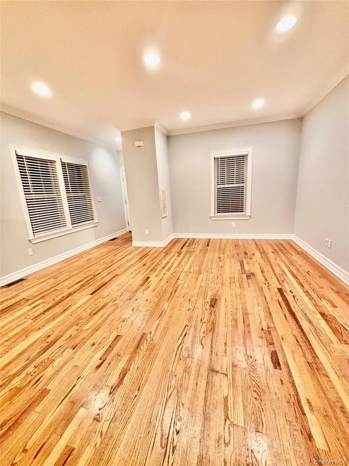 Empty room featuring light wood-style flooring, recessed lighting, and crown molding Empty room featuring light wood-style flooring, recessed lighting, and crown molding