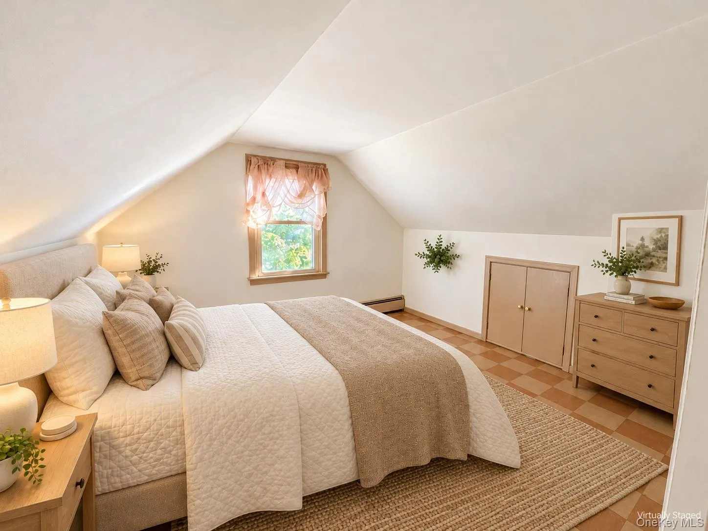 Sloped ceilings with recessed knee-wall storage cabinetry and a single-pane window with wood trim Sloped ceilings with recessed knee-wall storage cabinetry and a single-pane window with wood trim