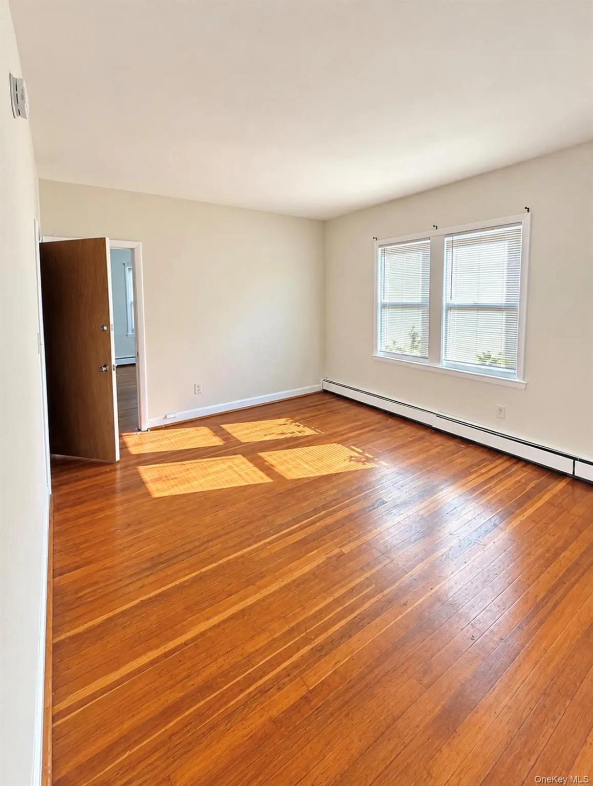 Room featuring wood-finish flooring, dual windows with blinds, and a solid-core wood door Room featuring wood-finish flooring, dual windows with blinds, and a solid-core wood door