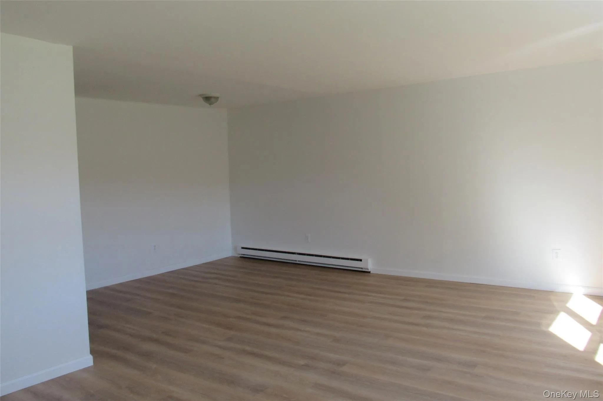 Interior space featuring light-toned wood-finish flooring, neutral walls, and a flush-mount ceiling light fixture Interior space featuring light-toned wood-finish flooring, neutral walls, and a flush-mount ceiling light fixture