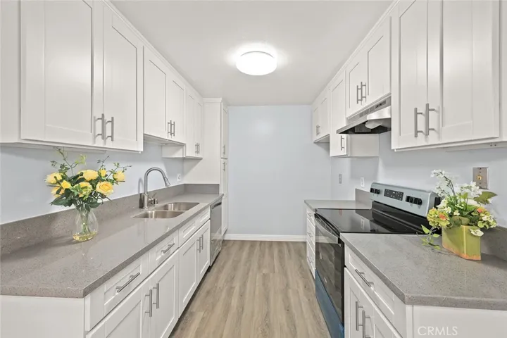 Newly remodeled kitchen with new cabinets, quartz countertops, new stainless-steel appliances including oven, dishwasher, and kitchen hood.