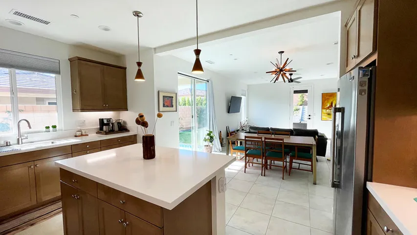 Open kitchen overlooks dining area